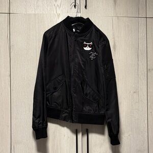 Karl Lagerfeld Black Bomber Jacket with Cat Patch and Sunglasses Detail